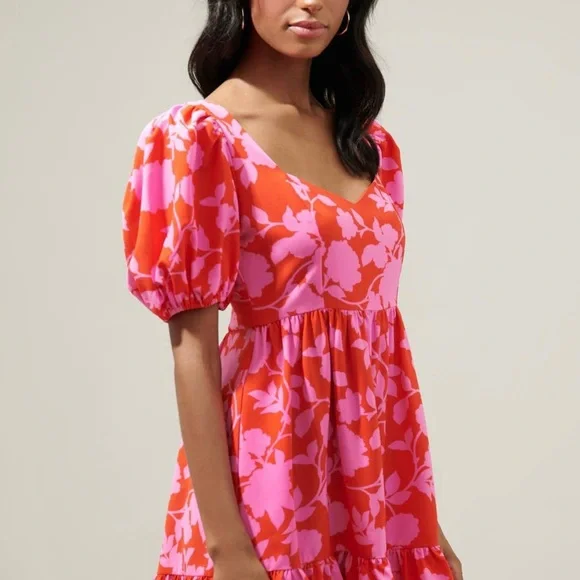 Sugarlips Pink and Cherry Red Puff Sleeve Floral Ruffle Hem Mini Dres - Picture 6 of 6